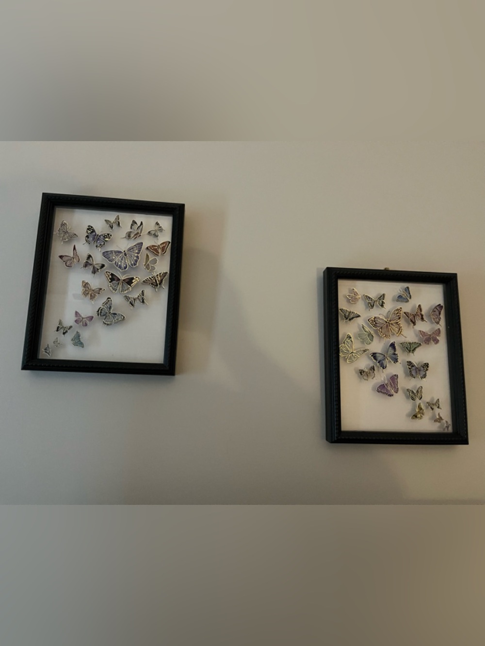 2 Modern Framed Metallic Butterfly Wall Art - Black Frame Aprox 10x8 inches